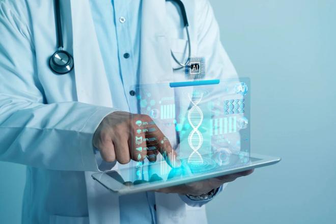 Técnico sanitario analizando datos clínicos y pruebas diagnósticas mediante Inteligencia Artificial
