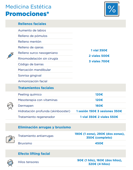 Tabla de precios Medicina Estética Centro Médico Sevilla