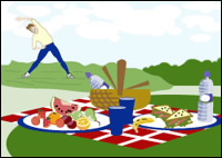 Chico haciendo gimnasia en el campo junto con un mantel que contiene un picnic.