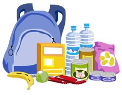 mochila con latas de alimentos, plátanos y agua mineral