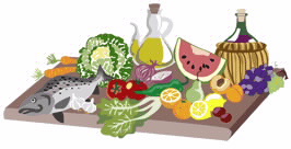 Alimentos de la dieta mediterránea: frutas, verduras, aceite de oliva, vino y pescado azul
