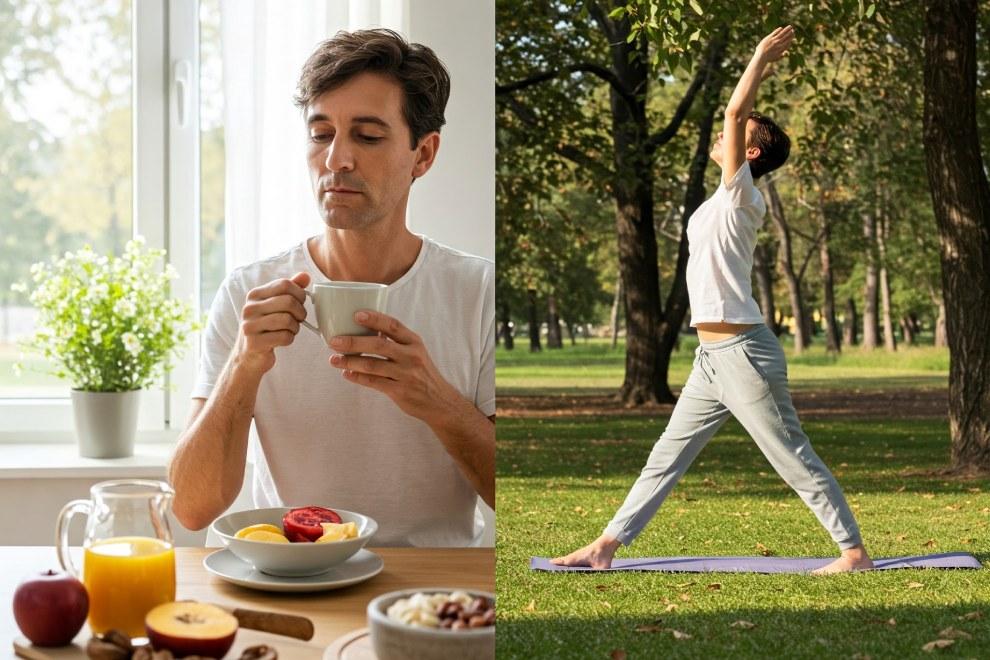 adulto comiendo  fruta y haciendo deportes
