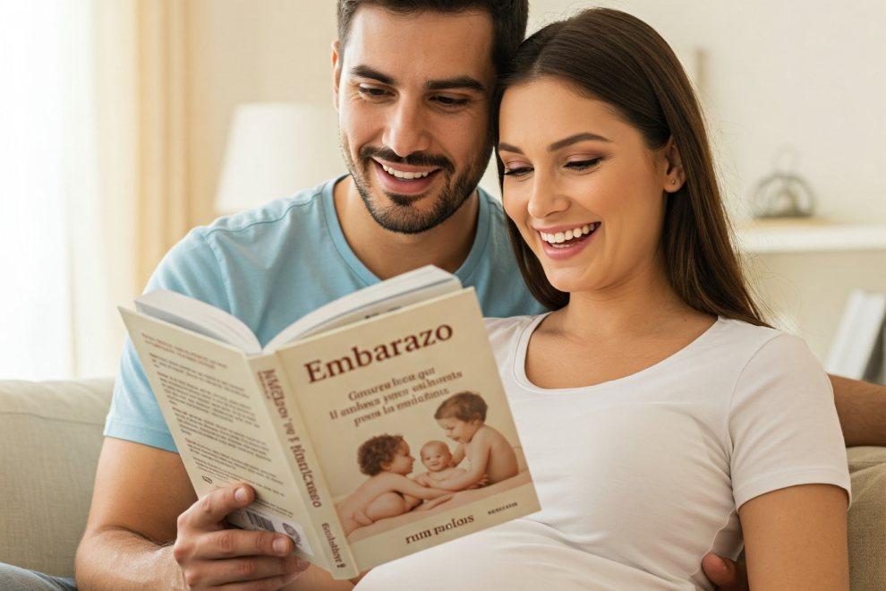 pareja embarazada leyendo libro embarazo