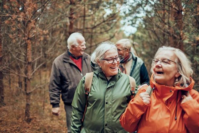 Dos hombres y dos mujeres mayores con chubasquero andando por un bosque