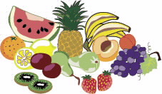bodegón de frutas: sandía, piña, plátanos, melocotones, ciruelas, fresas, naranja, limón, kiwi, uvas y peras