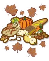 bodegón de otoño: pollo, calabaza, huevos, cereales, fruta, frutos secos, etc.