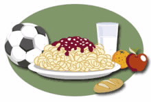 Plato de espaguetti con fruta, pan y vaso de leche