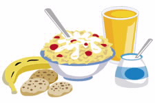 Plátano, galletas, cereales, yogur y zumo de naranja