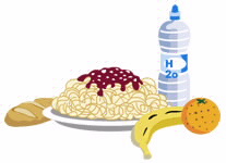 Comida abundante en hidratos de carbono complejos: pan, pasta, fruta y agua