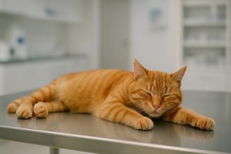 gato tumbado en la camilla del veterinario